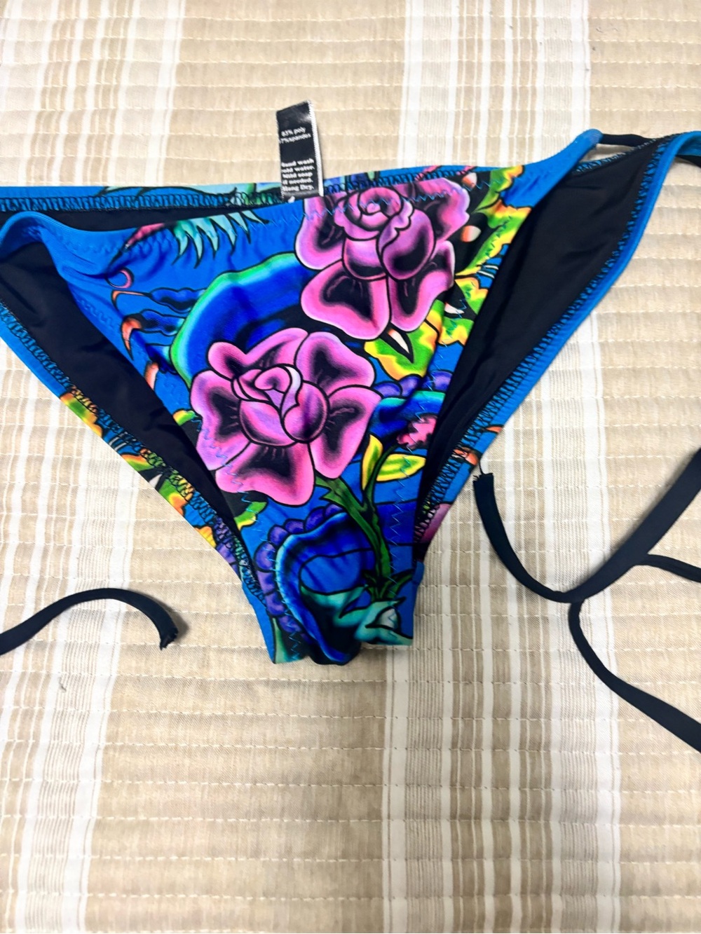 Ed Hardy Blue and Pink Floral Tie-Side Bikini Bottom